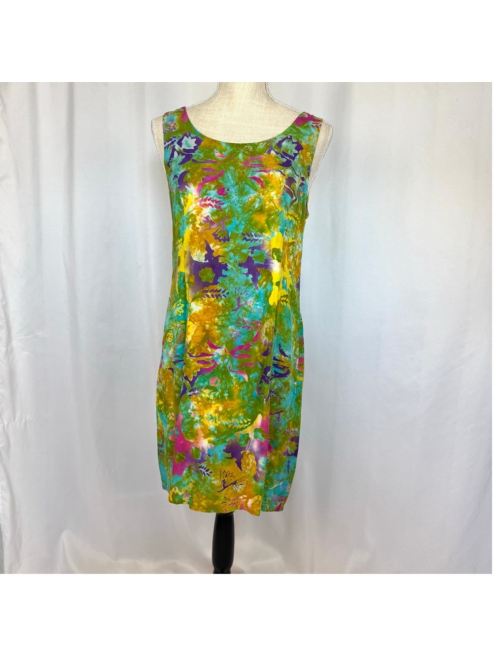 Vintage The Monkey's Design Sleeveless Psychedelic Print Mini Tank Dress L Tiki